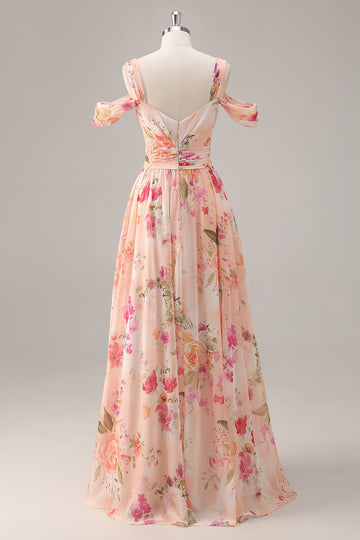 Vestido largo de dama de honor fruncido floral rosa con abertura